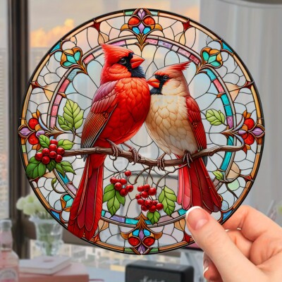Vibrant Red Bird Lovers  Acrylic Suncatcher Round Window Hanging Ornament