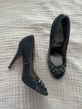 Badgley Mischka Metallic Gray Heels With Rhinestone Detail Peep Toe Pumps Size 9