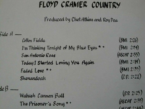 FLOYD CRAMER COUNTRY VINYL LP COTTON FIELDS, WABASH CANNON BALL, TENNESSEE WALTZ - Picture 3 of 4