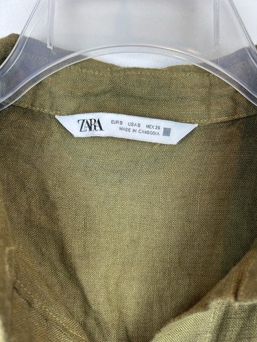 Zara Top Womens S Linen Tunic Wood Buttons Long Sleeve Army Green Oversized - Picture 3 of 7