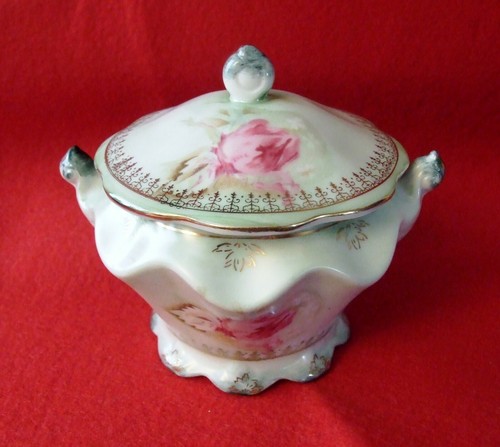 ANTIQUE Hand Painted NIPPON Lidded Trinket Bowl-Mint Green,Gold Leaf,Rose Motif - Picture 3 of 12