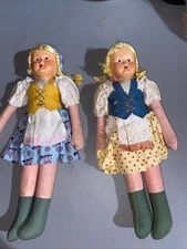 2 Vintage 12" Cloth Rag Doll. Blue Eyes. European Costume. Braided Ponytails