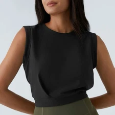 Halara Ribbed Flow Size L Black Crew Neck Sleeveless Cropped Yoga Tank Top