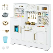 Kids Play Kitchen with Stoves, Faucet, Sink, Clock, Coffee Machine, Range Hood