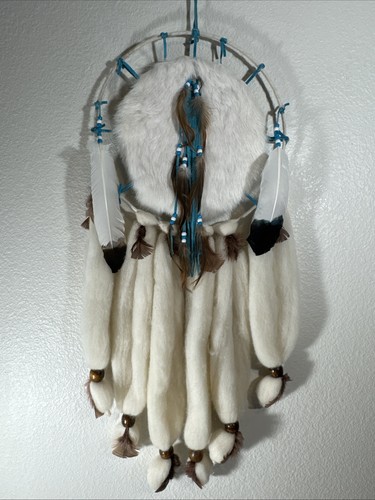 Vintage Native American Indian Mandala Dream Catcher Wool Fur Feathers Large 33"