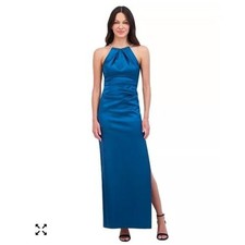 Eliza J Blue Satin Halter Gown With Gold Chain Detail Floor Length Size 2