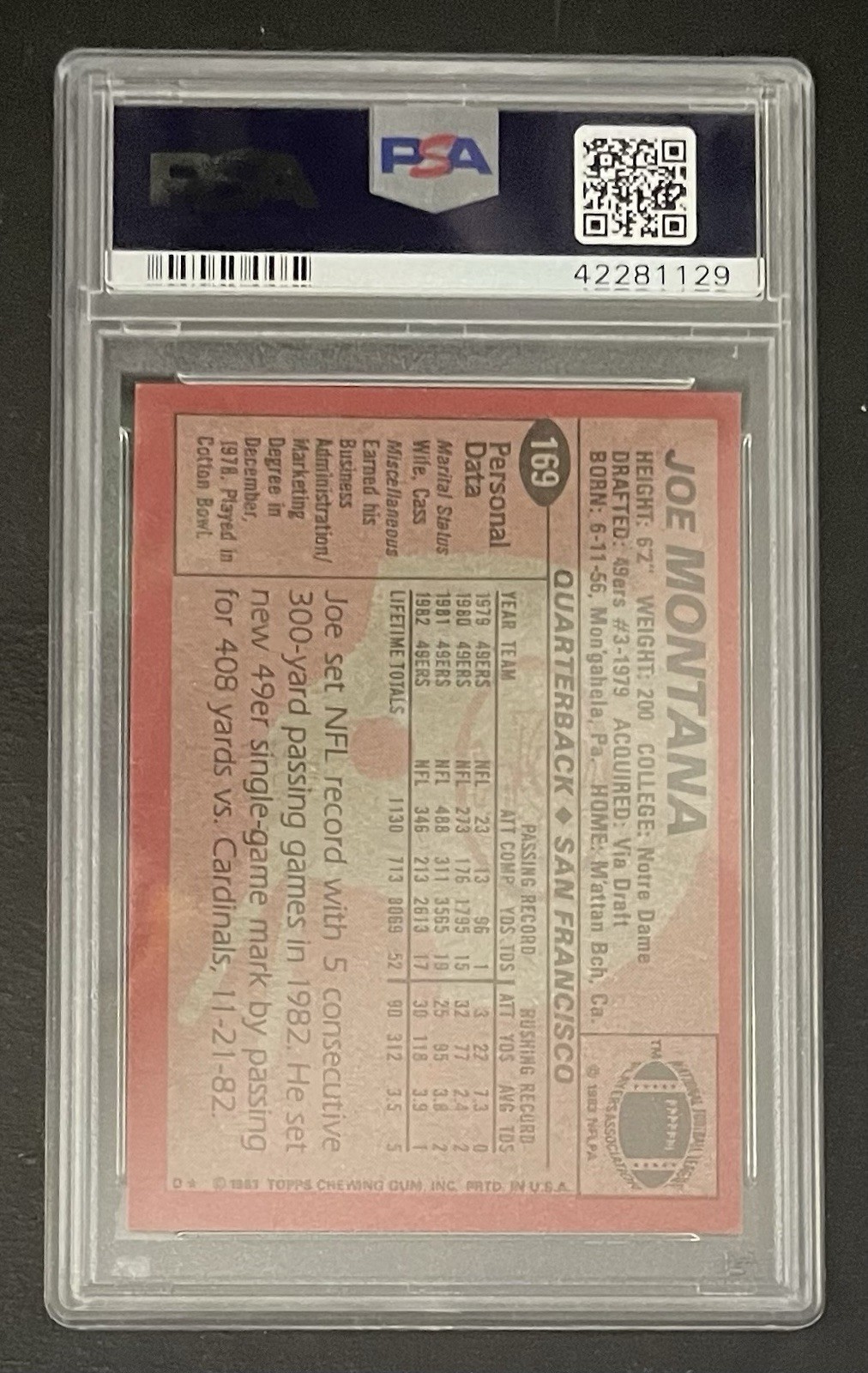 1983 Topps - Joe Montana #169 PSA 8 Auto 10 view 2