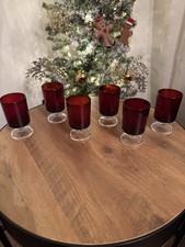 Vintage French Ruby Red Glass Pedestal Votive / Cordial Glasses Set of 6