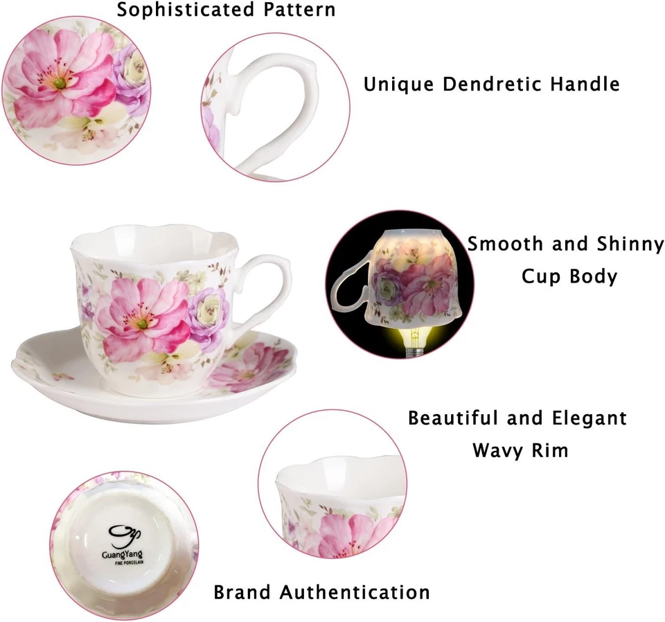 Juego de té de 12 piezas -7 oz nuevas tazas y platillos de té de porcelana de hueso con patrón de flores rosas Foto 4 de 4
