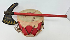 Vintage 1950s Native American Indian Toys: 15" Tomahawk  5" Drum Made in Japan