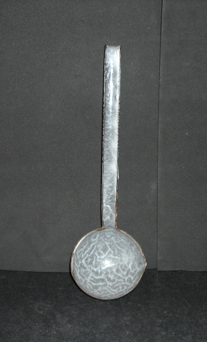 Small Early Grey Graniteware Sauce Ladle w/Pinched Spout Enamel Ware