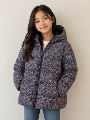 GAP Girls Floral Hooded Puffer Jacket Zip Closure Size L Polyester Winter 10-11