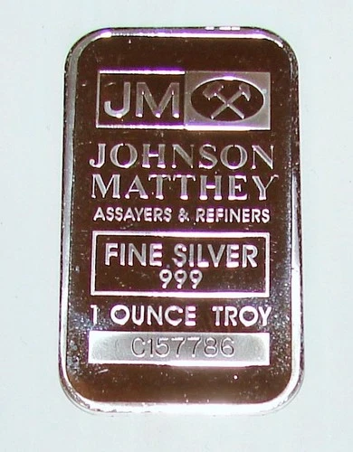 JM Johnson Matthey Vintage Silver Bar 1 OZ Troy Ounce .999 Bullion C157786