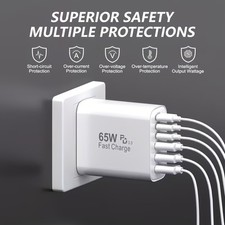 65W Type-C Fast Charger, PD USB-C  QC Multi-Port Wall Charger US Plug, 6-Ports