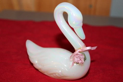 Fenton Glass Iridescent Opal Swan Figurine with Rose Ribbon Vintage