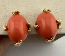 Kenneth Jay Lane Gold Tone Faux Coral Branch Clip On Stud Button Earrings Signed