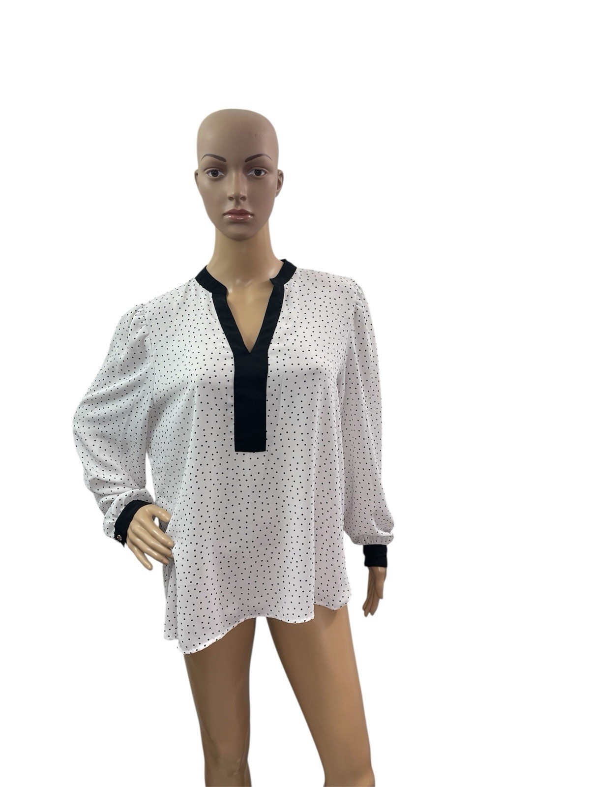 Anne Klein Women’s Size Large Long Sleeve V Neck White Black Polka Dots Blouse