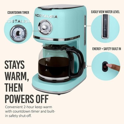 10 Cup Retro Coffee Maker Programmable Reusable Filter Aqua