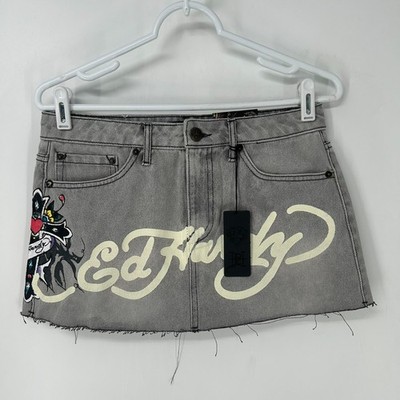 Ed Hardy Skirt Womens Medium Grey Wash Denim Mini Graphic