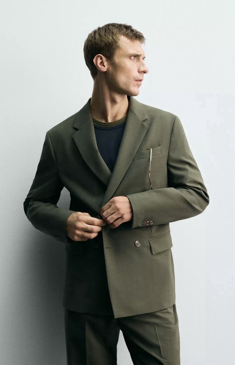 Zara Wool Double Breasted Suit Blazer Size olive Green Men Size US