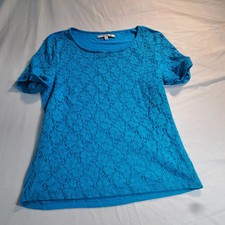 Ellen Tracy Womens M Blue Lace Overlay Short Sleeve Top Crochet Floral