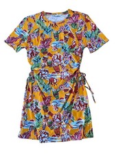 Zara Dress Womens Size Lg Tropical Floral Short Sleeve Wrap Dress 100% Cotton