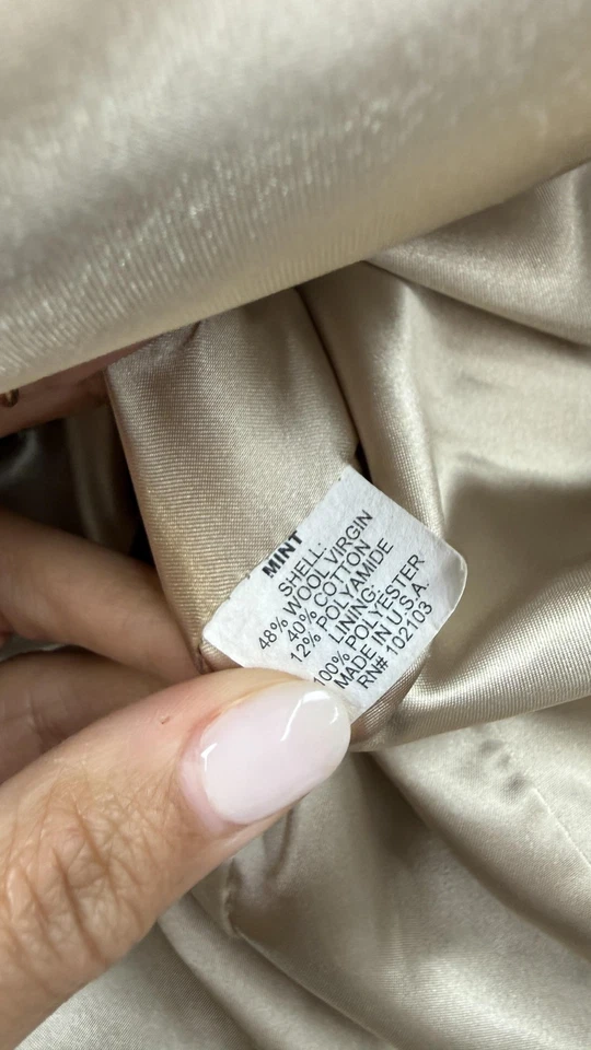 Mint Wool Blend Coat Womens 6 Tan Asymmetrical Button Funnel Collar Made USA - Image 4 of 4