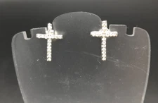 Rhinestone Cross Pierced Earrings 1" Silver Tone Post Earrings