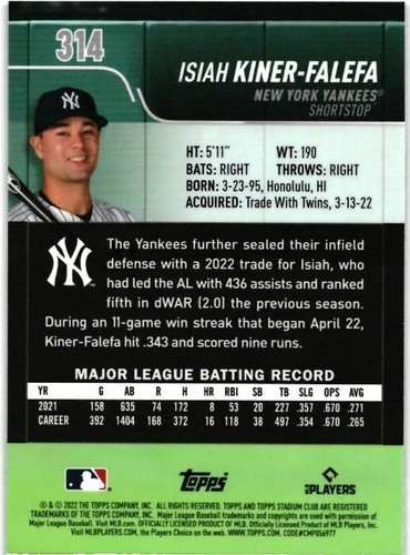 2022 TOPPS STADIUM CLUB CHROME # 314 - ISIAH KINER-FALEFA - NEW YORK YANKEES - Picture 2 of 2
