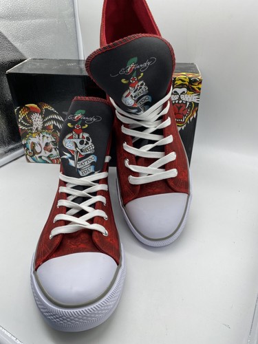 Baskets lifestyle hautes chaussures homme Ed Hardy en toile rouge à lacets taille 9,5 - Photo 1 sur 8