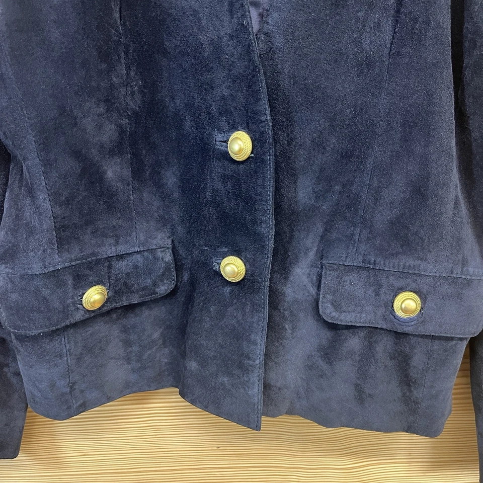 Chaqueta de Cuero de Colección Lord & Taylor 4P Cerdo Sedoso Gamuza Botón Dorado Azul Marino B119 Foto 3 de 4
