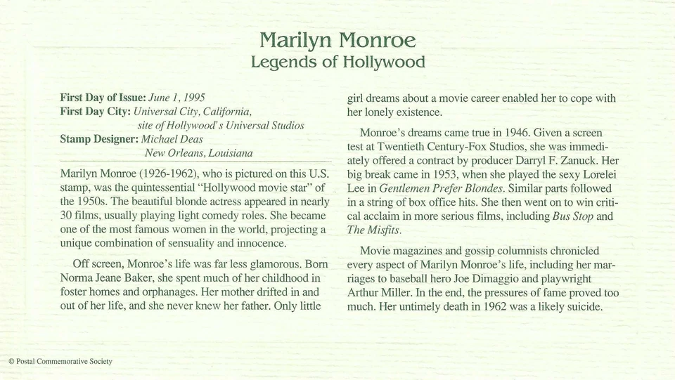 Marilyn Monroe Legends Of Hollywood USA Golden Gold 22k Plated Stamp FDC 1995 - Image 2 of 2