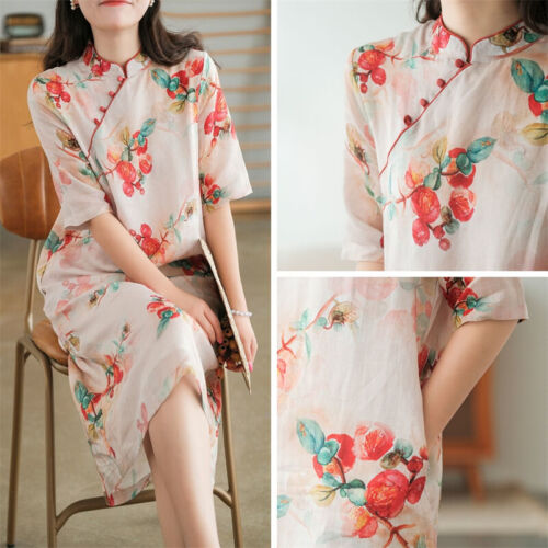 Women Ethnic Floral Dress Vintage Cheongsam Chinese Long Qipao Midi Casual - Picture 7 of 14