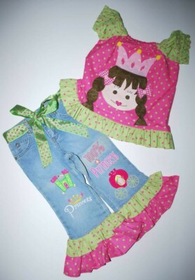 New Custom Boutique Pink Princess Castle 2pc Peasant Top Applique Jean Set 3T 4T
