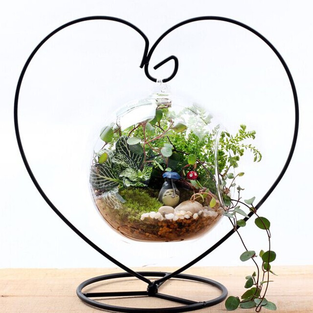 Black Heart-shaped Iron Hanging Plant Glass Vase Terrarium Stand HoldeYNFK