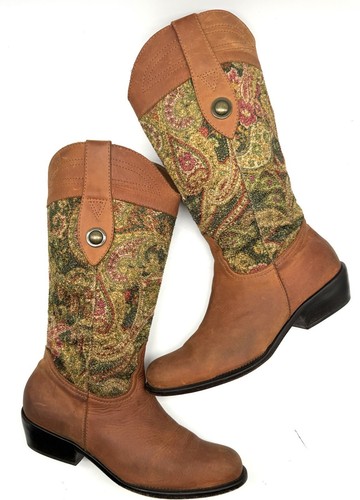 Diego Di Lucca Stiefel 8 braun Leder grün Paisley Gobelin groß Western Boho - Bild 2 von 8