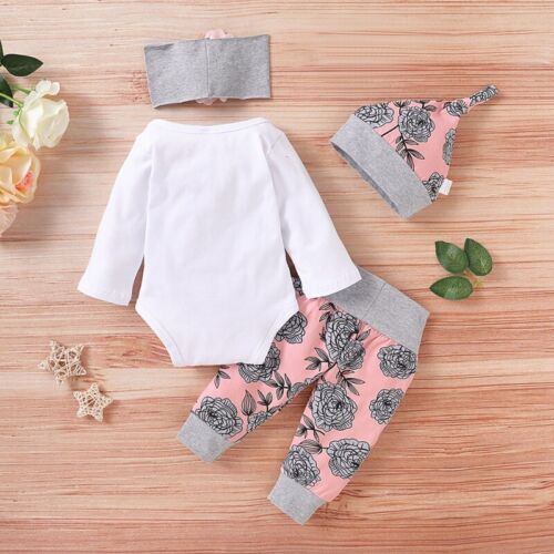 4Pcs 0-18M Baby Girls Romper Tops Floral Pants Headband Hat Clothes Outfit Set - Picture 2 of 10