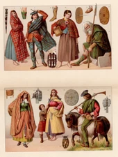 SCOTLAND COSTUMES -Highland Dress Tartans & Shield 1888 Antique Chromolithograph