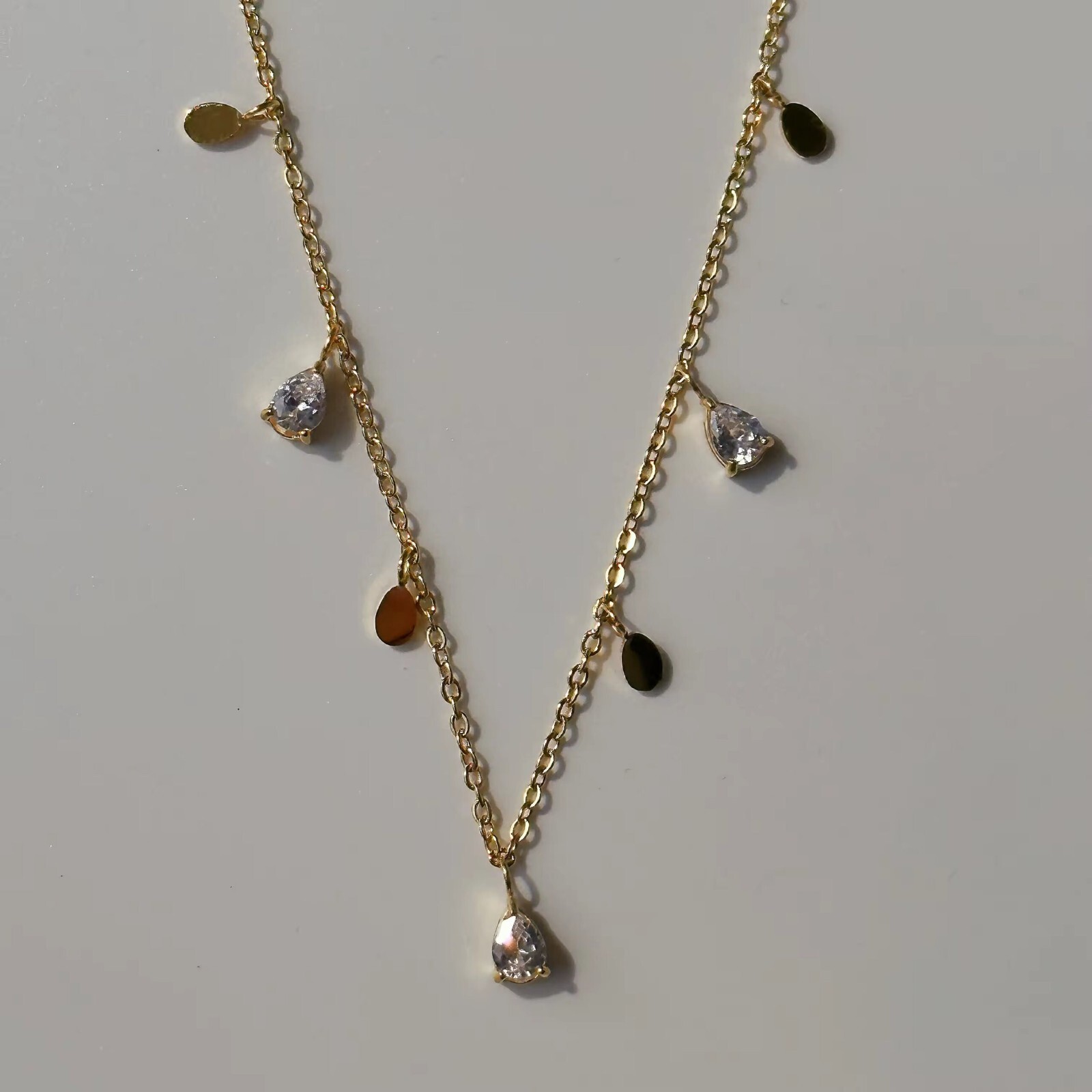 18K Gold filled stainless steel CZ Diamond station necklace dangle chain women