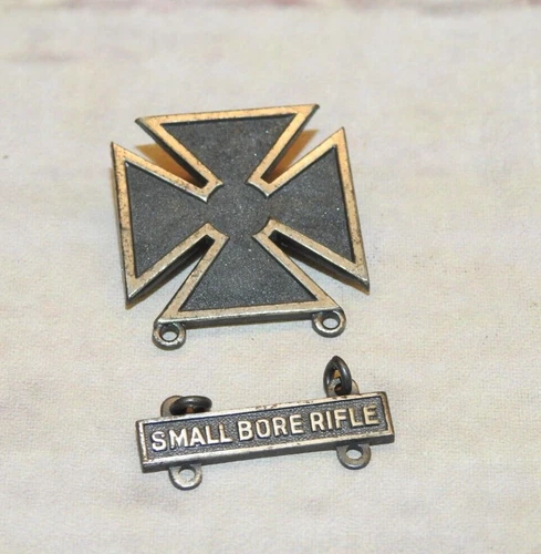 Vintage WWII WW2 Military Sterling Silver Marksman Pin + Small Bore Rifle Badge