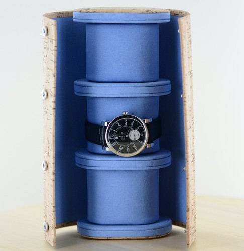 Uhrenbox Reisebox Uhrenrolle für 3 Uhren Kork / blau Velour geknöpft - Bild 4 von 4