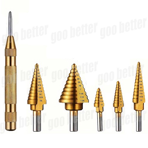 Juego de brocas escalonadas de titanio HSS 6 PIEZAS con punzón central automático para metal madera - Imagen 13 de 18