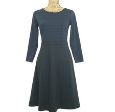 Ann Taylor Loft Dress 2 Blue Charcoal Gray Stripe 3/4 Sl Flare Midi Casual Caree
