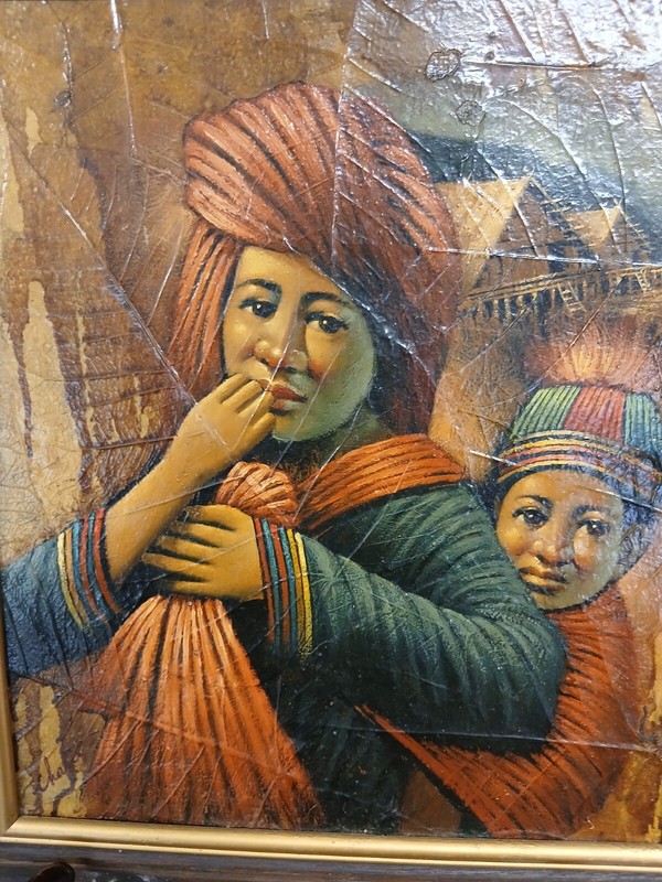VINTAGE ART OIL PAINTING ON A TOBACCO LEAF THAILAND SIGNED 