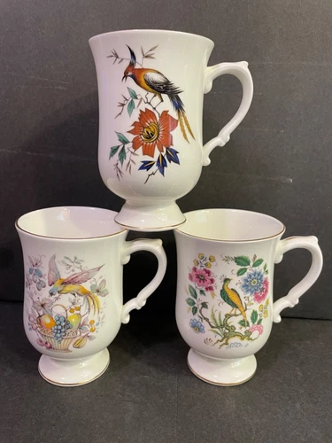 Crown Staffordshire Footed Mugs - Floral/Birds - Set of 3 - MINT