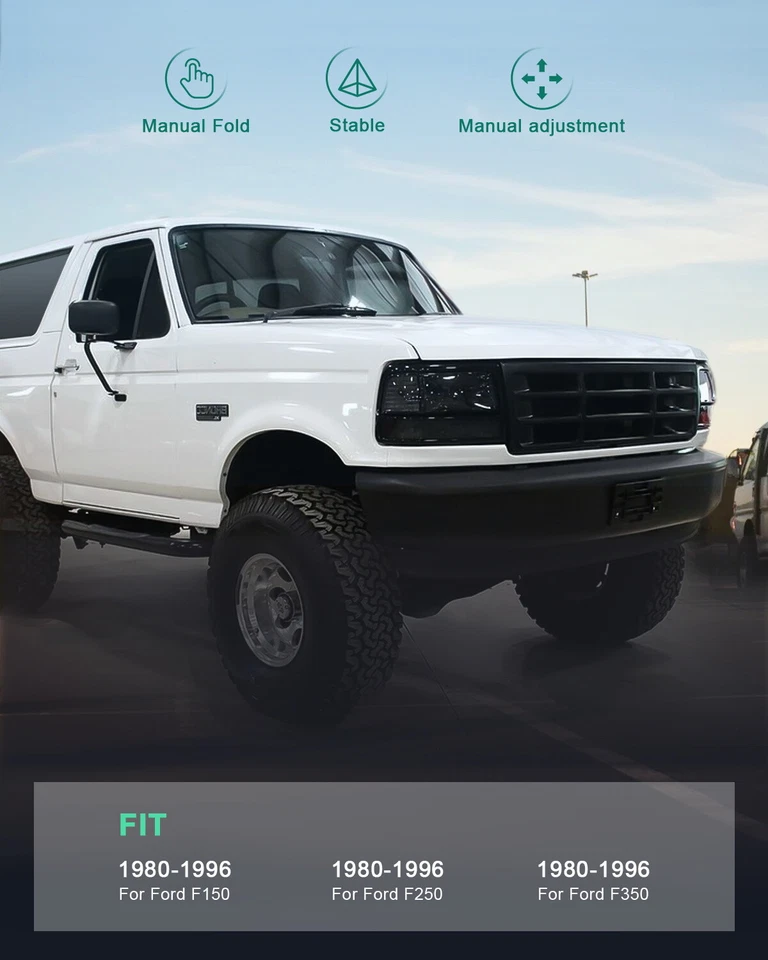 Espejo retrovisor lateral manual de acero negro para camioneta Ford F100 F150 F250 F350 F450 1980-1996 Foto 2 de 4