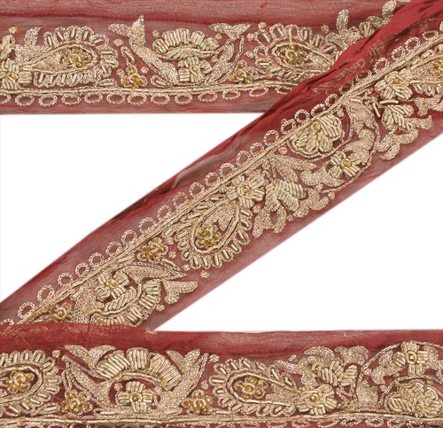 Sanskriti Vintage Saree Border Hand Beaded Craft Zari Trims 1 Yard Ribbon Maroon - Picture 1 of 8