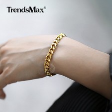 7mm Wide Gold Plated Stainless Steel Bracelet Curb Cuban Link Chain Jewelry