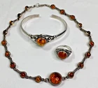 Baltic Amber Gemstone 925 Sterling Silver 15.5” Necklace Bracelet & Sz 7 Ring