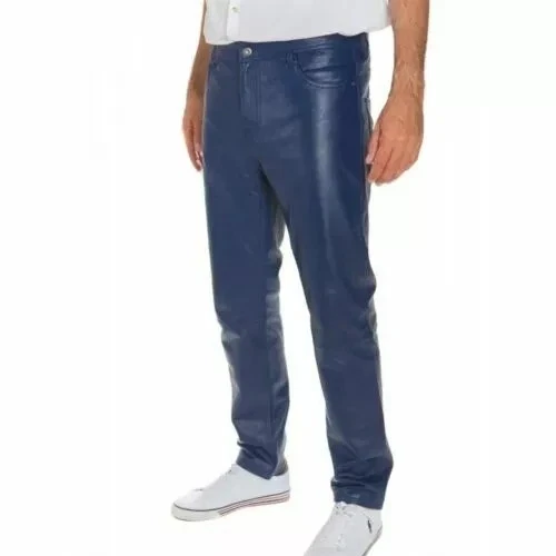 Men's Blue Genuine Lambskin Real Leather Casual Jeans Stylish Leather Pant